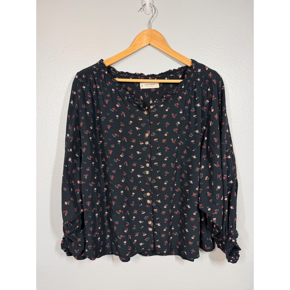Lucky‎ Brand Blouse Womens XL Black Floral Button Front Ruffle Modal Long Sleeve